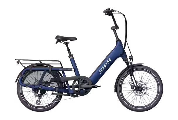 Aventon Abound SR (Short Rack) step-thru electric bike finished in Cobalt: side view