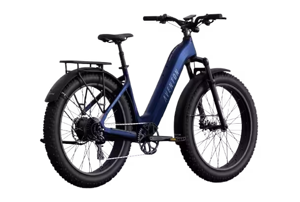 Aventon Aventure 3 step-thru electric bike finished in Cobalt: side-back view