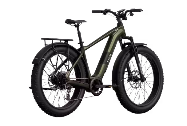 Aventon Aventure M mid-drive step over electric bike finished in Camouflage: side-back view