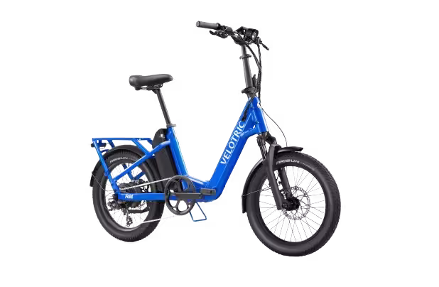 Velotric Fold 1 Plus Step-Thru Folding Electric Bike finished in Blue: side-frontview